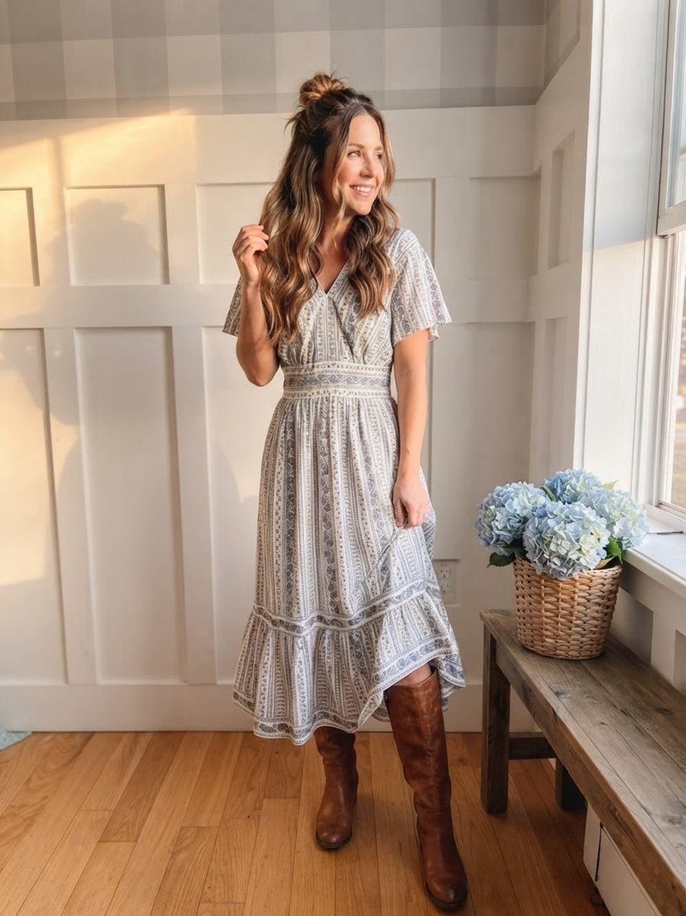 Max Studio Cream and Gray Printed Midi Dress 2X